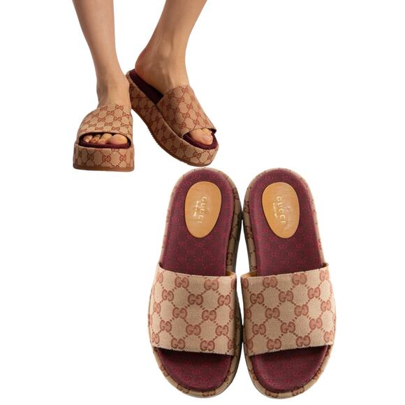 Gucci Shoes - Gucci Angelina GG Supreme Platform Slide Sandals 573018 Size 7.5
